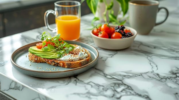Healthy Gourmet Avocado Toast Breakfast with Orange Juice on a Stylish Marble Countertop.