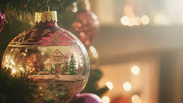 Christmas, holiday decor and country cottage style, cosy atmosphere, decorated Christmas tree in the English countryside house living room with fireplace, interior decoration idea