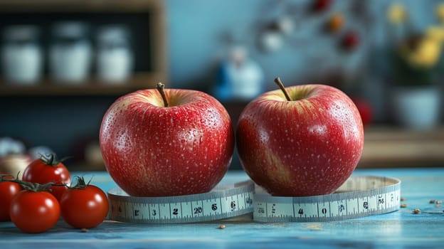 Fresh Red Apples And Measuring Tape On Blue Table, Concept Of Healthy Diet And Weight Loss.