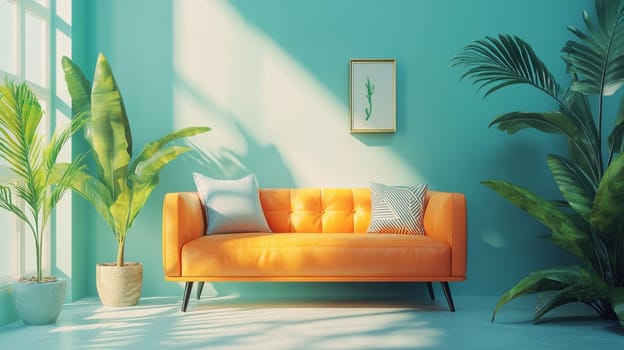 Minimalist Living Room Interior. Orange Sofa, Lush Green Plants. Tranquil and Refreshing Atmosphere.