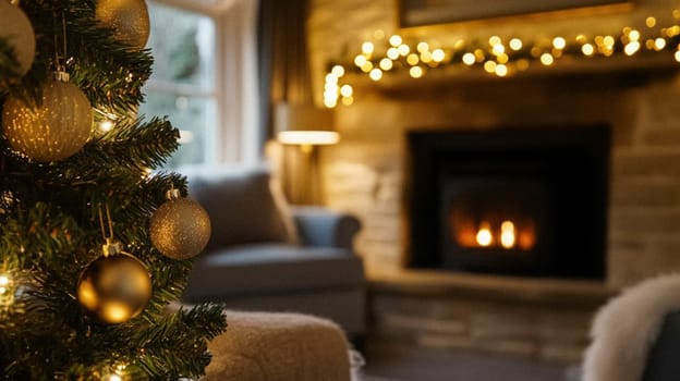 Christmas, holiday decor and country cottage style, cosy atmosphere, decorated Christmas tree in the English countryside house living room with fireplace, interior decoration idea