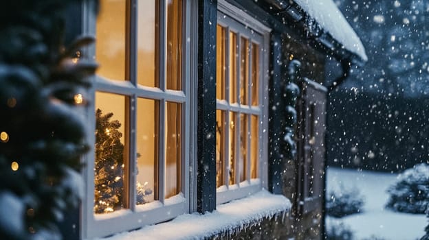 Christmas in the countryside, cottage decorated for holidays on a snowy winter evening with snow and holiday lights, English country styling inspiration