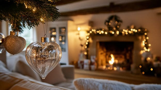 Christmas, holiday decor and country cottage style, cosy atmosphere, decorated Christmas tree in the English countryside house living room with fireplace, interior decoration idea