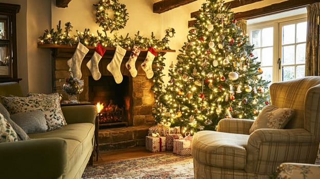 Christmas, holiday decor and country cottage style, cosy atmosphere, decorated Christmas tree in the English countryside house living room with fireplace, interior decoration idea