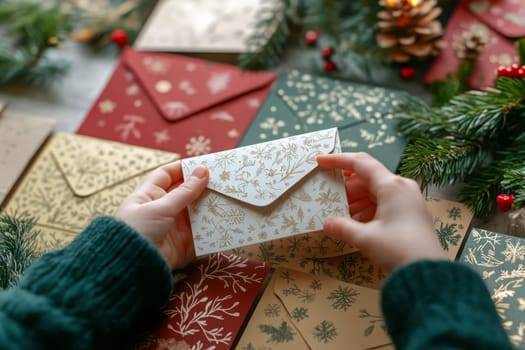 A child's hands open paper envelopes advent calendar for a Christmas
