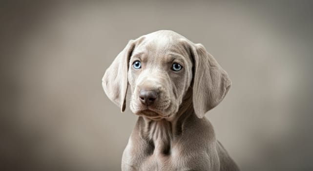Young weimaraner puppy with captivating blue eyes against a soft gray background. the image emphasizes the pup's gentle expression and sleek, silvery coat, capturing a sense of innocence and curiosity.