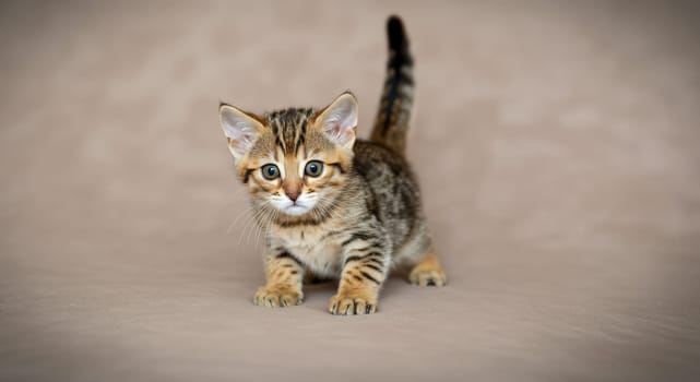 Young tabby kitten with striking stripes and big eyes, standing on a neutral backdrop. the soft, cozy setting highlights the kitten's playful and curious nature, making it perfect for animal themes or pet-related content.