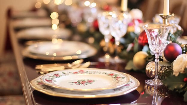 Christmas tablescape decoration, formal family dinner holiday celebration, luxury table setting decor, English country and home style idea