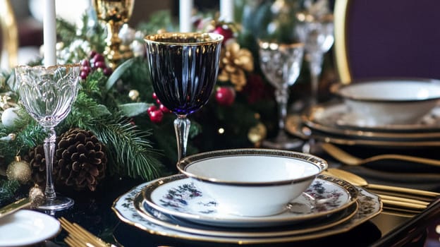 Christmas tablescape decoration, formal family dinner holiday celebration, luxury table setting decor, English country and home style idea