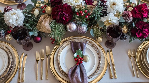 Christmas tablescape decoration, formal family dinner holiday celebration, luxury table setting decor, English country and home style idea