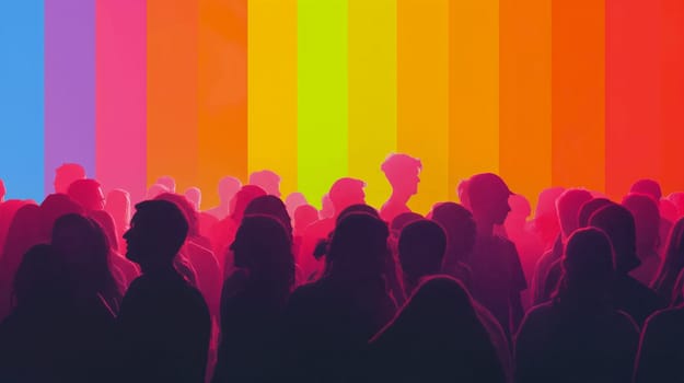 A diverse crowd stands silhouetted against vivid vertical lights, enjoying a lively evening event filled with color and energy - Generative AI