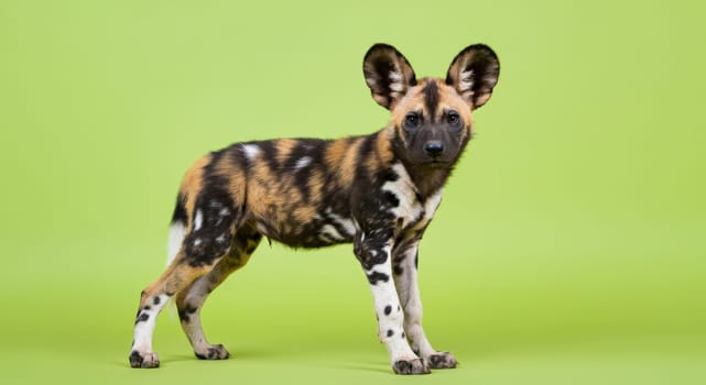 African wild dog pup with distinct mottled fur stands alert on a bright green backdrop. emphasizing its unique markings and large ears, this image is ideal for wildlife education and conservation themes.