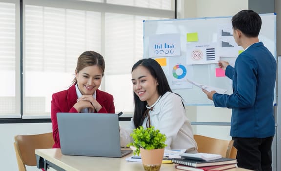 Business People Meeting using laptop computer,calculator,notebook,stock market chart paper for analysis Plans to improve quality next month. Conference Discussion Corporate Concept..