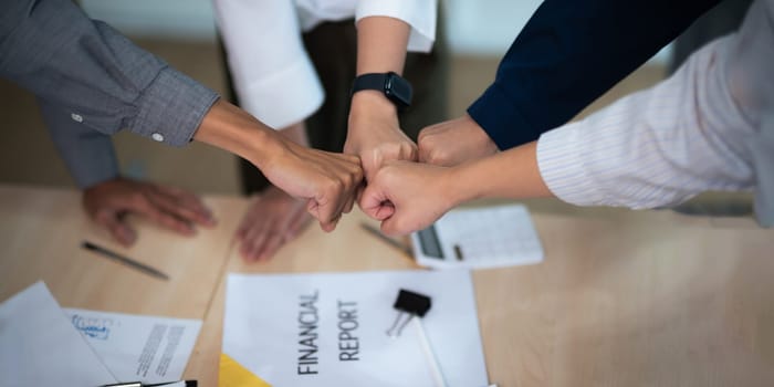 Hands, fist bump and business people, mission and collaboration with support, target goals and closeup. Meeting, team building and agreement, teamwork and plan together with community and partnership.