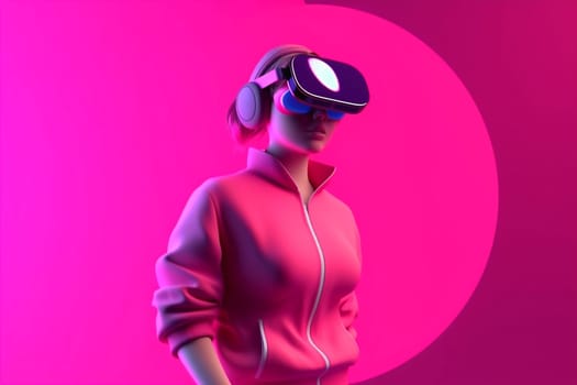 creative woman innovation concept game digital virtual neon colorful connect 3d vr metaverse reality gadget smart goggle three-dimensional glasses sport black. Generative AI.