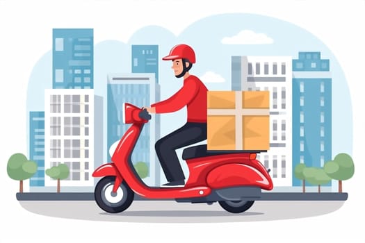 Man package business express car food courier city transportation bike fast speed scooter online deliver order motorbike box service red delivery motorcycle