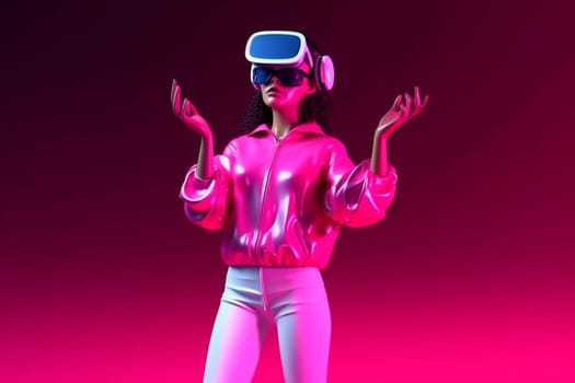 background woman sport neon colorful art metaverse innovation digital future gadget happy young vr glasses goggle virtual character futuristic reality game. Generative AI.
