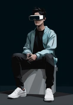 entertainment man minimalism excited glasses electronic goggles vr future technology human gadget ai cyberspace neon headset futuristic science digital gamer cyber. Generative AI.