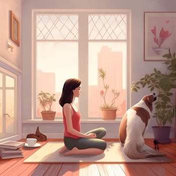 woman dog home relaxation cartoon yoga young pose puppy lifestyle female fitness posture adult indoor happy health asana body training sport. Generative AI.