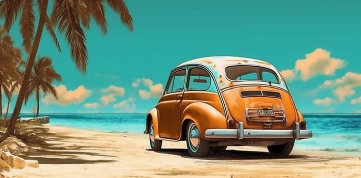 tree summer tropic vintage trip car old tropical retro vacation vehicle voyage beach road classic travel suitcase sun drive auto. Generative AI.