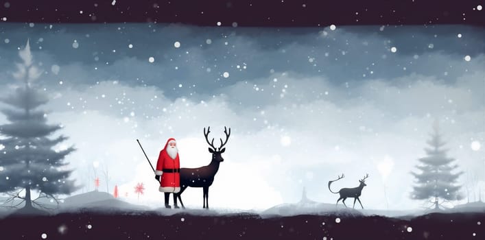 happy christmas new postcard poster art design year tree greeting santa sleigh claus reindeer snow card holiday night vintage december illustration. Generative AI.