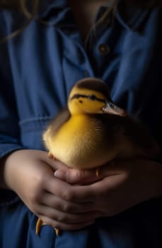 happy beauty holding beautiful nature summer portrait close-up yellow care duck girl child farm bird chicken hand little small duckling. Generative AI.