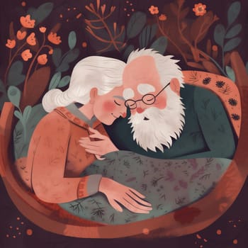woman bedtime man sleeping mature lying bed couple happiness together rest grandparent cartoon book asleep happy love partner retired elderly old pillow. Generative AI.