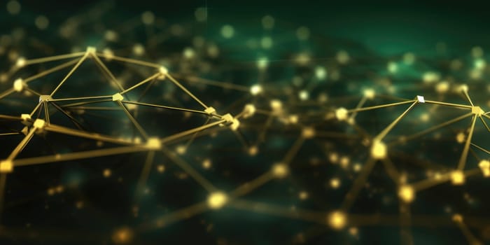 3D network connections with plexus design green and gold color background wallpaper. Generative AI image weber.