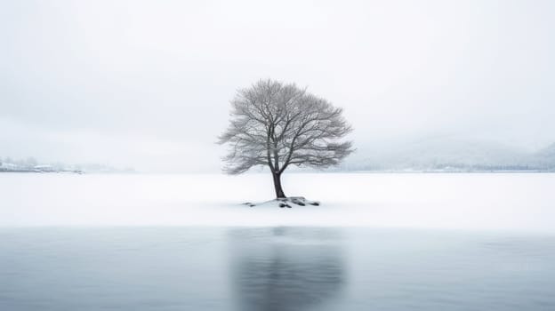 Lone lonely tree in winter snow and lake solitude, minimalist. Generative AI image weber.