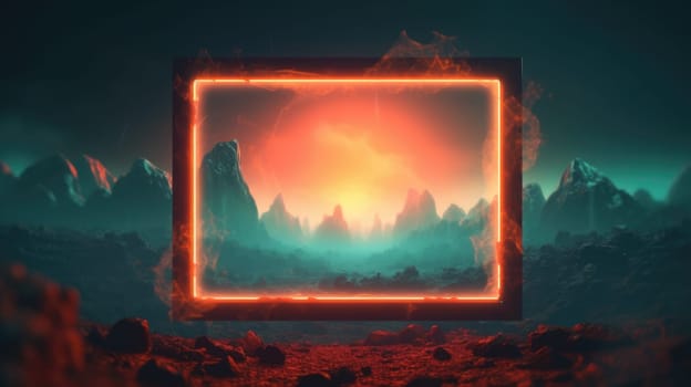 Glowing neon square frame over abstract landscape. Generative AI image weber.