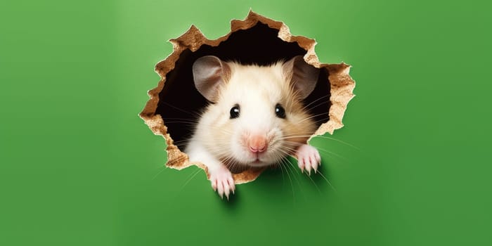 Cute Hamster peeking out of a hole in wall, torn hole, empty copy space frame, mockup. Generative AI image weber.