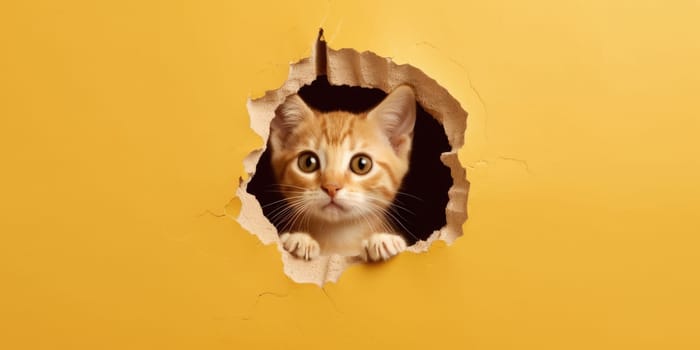 Cute Kitty peeking out of a hole in wall, torn hole, empty copy space frame, mockup. Generative AI image weber.