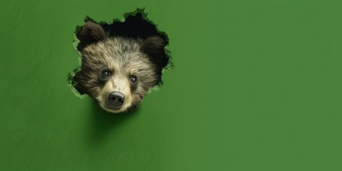 Cute Bear peeking out of a hole in wall, torn hole, empty copy space frame, mockup. Generative AI image weber.