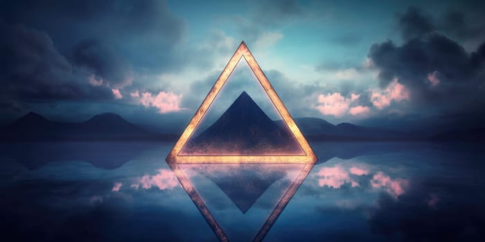A triangle shaped empty frame neon cloud on water, in the style of vintage aesthetics. Generative AI image weber.