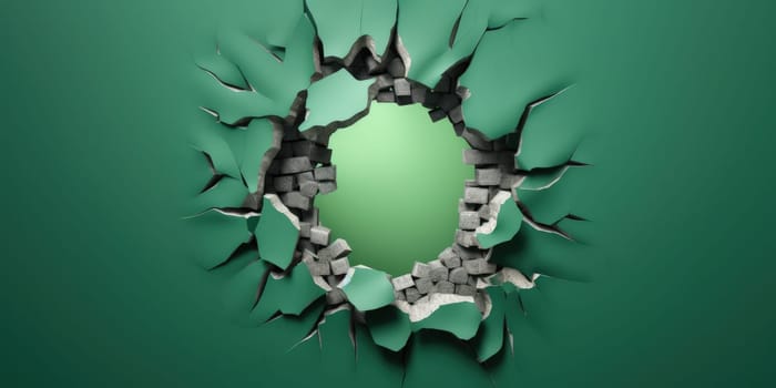 Breaking out of a hole in solid Green wall, torn hole, empty copy space frame, mockup. Generative AI image weber.