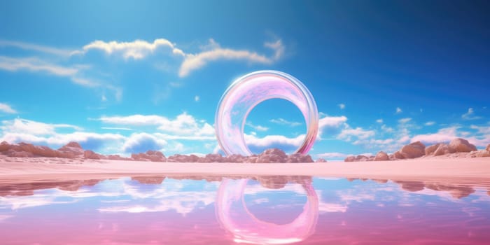 3d rendering abstract fantasy background. Surreal fantastic landscape. Blue sky, white fluffy clouds, neon round linear frame, calm water, pink sand dunes. Virtual reality paradise wallpaper. Generative AI image weber.