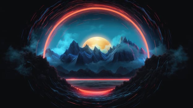 Glowing neon circle frame over abstract landscape. Generative AI image weber.