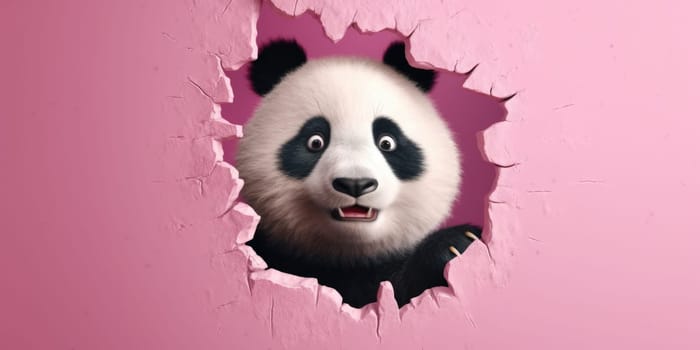 Cute Panda peeking out of a hole in wall, torn hole, empty copy space frame, mockup. Generative AI image weber.