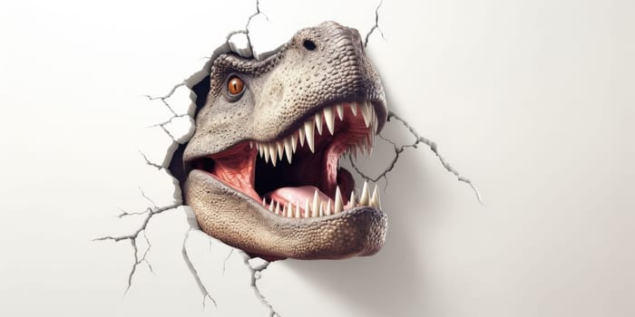 Cute T-Rex peeking out of a hole in wall, torn hole, empty copy space frame, mockup. Generative AI image weber.