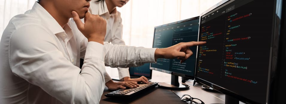 Software development team working together in office, coding script display on computer monitor. Programmer and software engineer working in tech developer company. Trailblazing