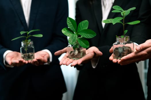 Business people holding money savings jar filled with coins and growing plant for sustainable financial planning for retirement or eco subsidy investment for environment protection. Quaint