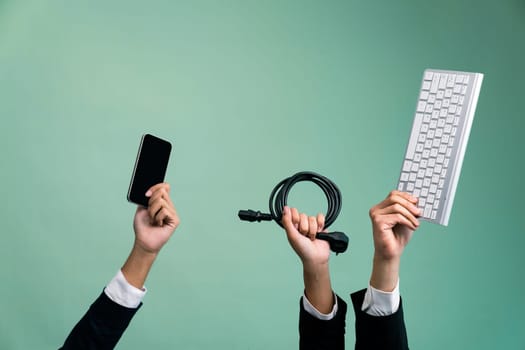 Panoramic banner hand holding electronic waste on isolated background. Eco-business recycle waste policy in corporate responsibility. Reuse, reduce and recycle for sustainability environment. Quaint