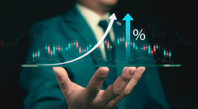 Stock market, Business growth, progress or success concept. Businessman or trader is showing a growing virtual hologram stock, invest in trading.