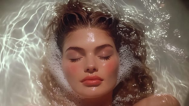 Woman relaxes in a bubble bath, her glowing skin illuminated by soft, warm light, creating a moment of calm and indulgence idea