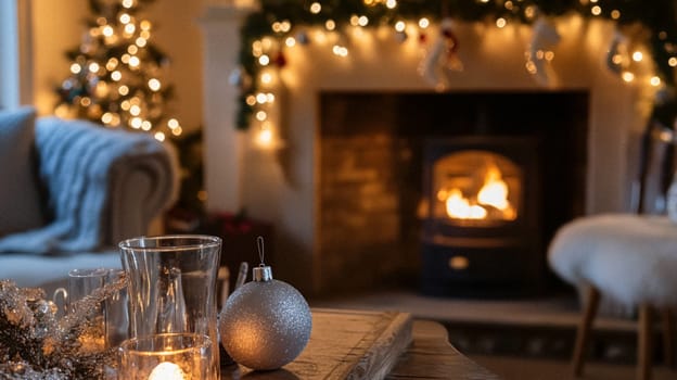 Christmas, holiday decor and country cottage style, cosy atmosphere, decorated Christmas tree in the English countryside house living room with fireplace, interior decoration idea