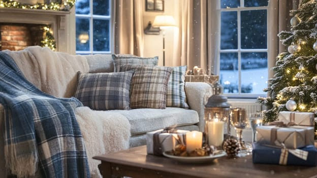 Christmas, holiday decor and country cottage style, cosy atmosphere, decorated Christmas tree in the English countryside house living room with fireplace, interior decoration idea