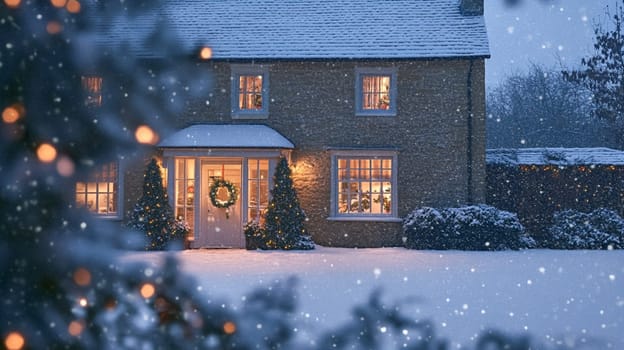 Christmas in the countryside, cottage decorated for holidays on a snowy winter evening with snow and holiday lights, English country styling inspiration