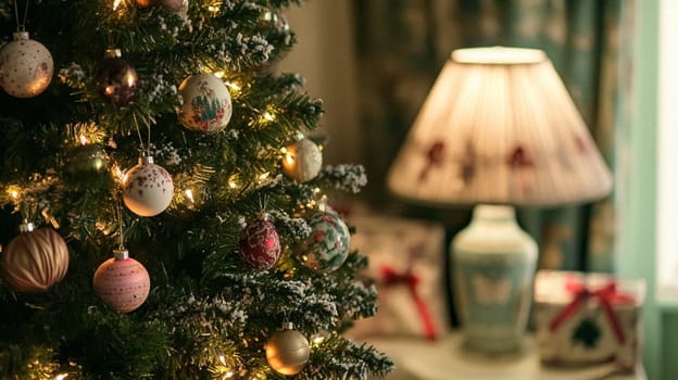Christmas, holiday decor and country cottage style, cosy atmosphere, decorated Christmas tree in the English countryside house living room with fireplace, interior decoration idea
