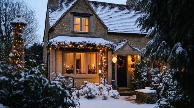 Christmas in the countryside, cottage decorated for holidays on a snowy winter evening with snow and holiday lights, English country styling inspiration