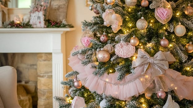 Christmas, holiday decor and country cottage style, cosy atmosphere, decorated Christmas tree in the English countryside house living room with fireplace, interior decoration idea